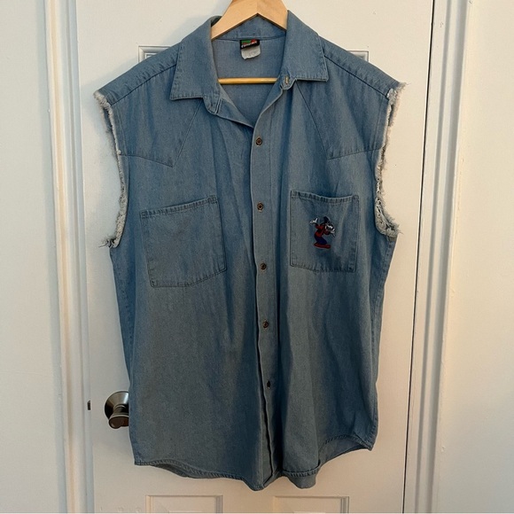 DISNEY Vintage Denim Goofy Vest Button Up Top Mickey Unlimited Fringe Large - Picture 2 of 5